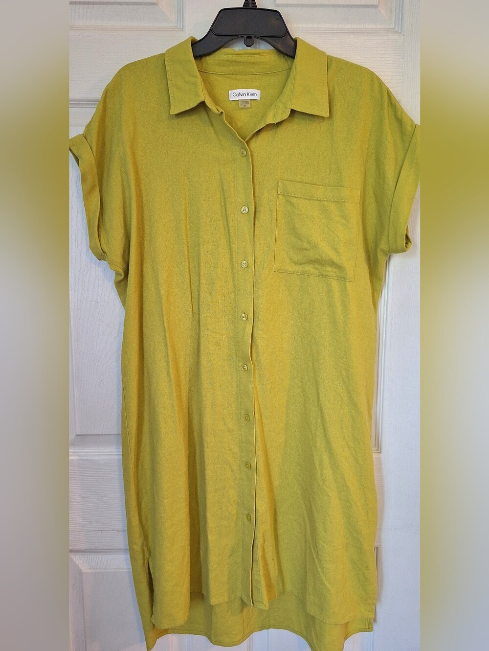Calvin Klein Linen Blend Shirt Dress Size 10 | Lime Yellow Button Front